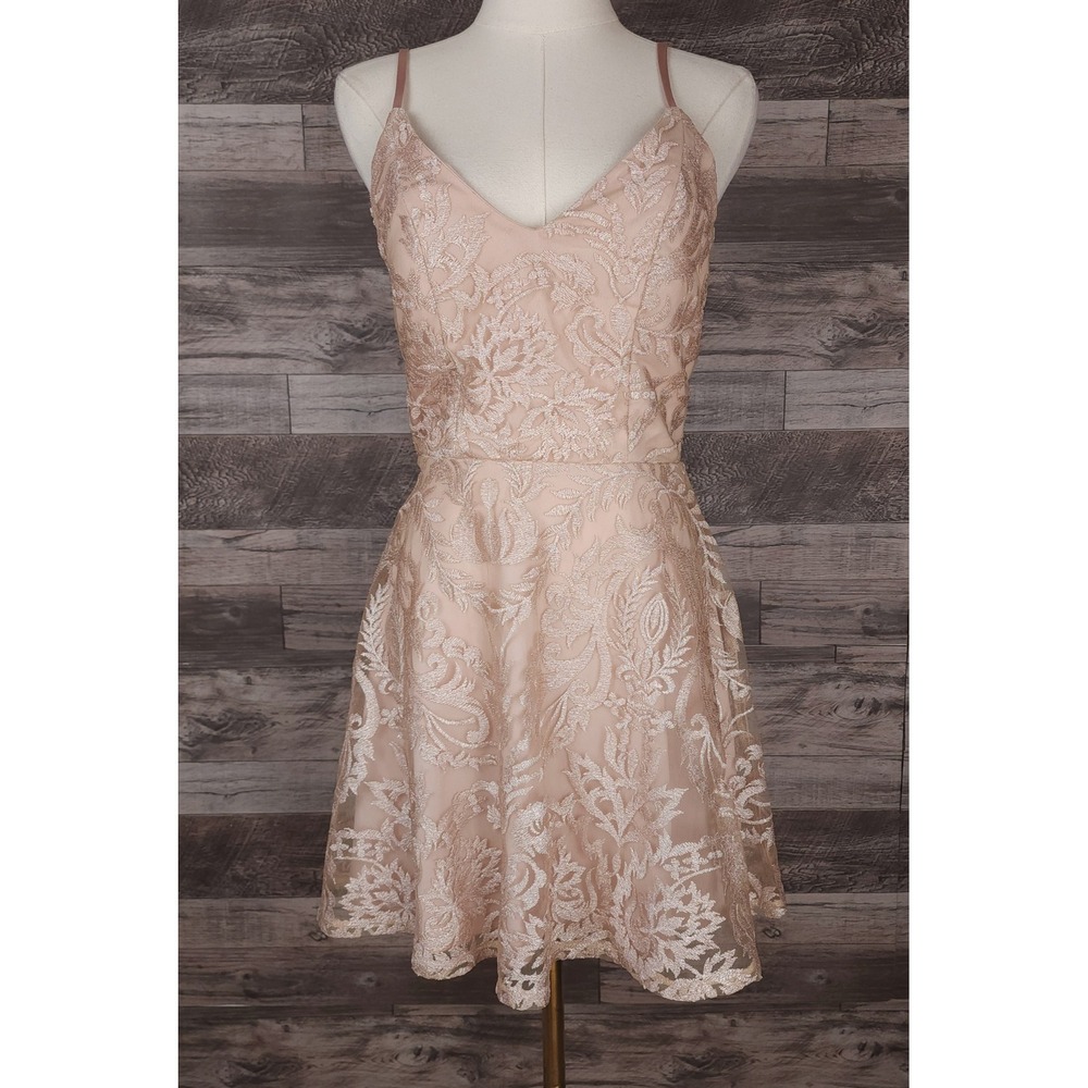 Speechless Blush Pink Lace Fit and Flare Dress Metallic Floral Skater Size 7